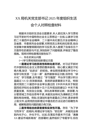 XX局机关党支部书记2025年度组织生活会个人对照检查材料
