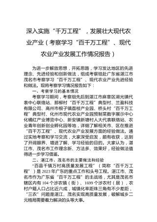 深入实施“千万工程”，发展壮大现代农业产业（考察学习“百千万工程”、现代农业产业发展工作情况报告）