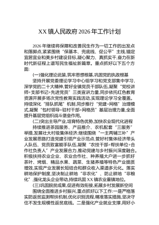 XX镇人民政府2026年工作计划