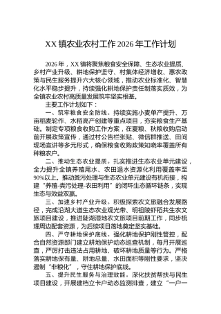XX镇农业农村工作2026年工作计划