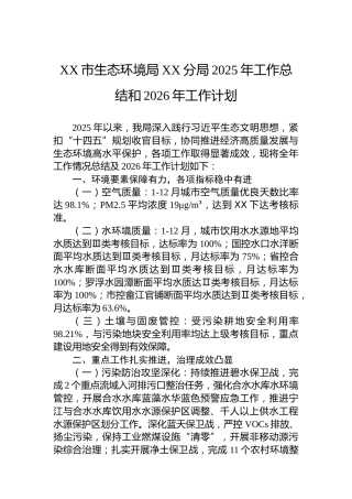 XX市生态环境局XX分局2025年工作总结和2026年工作计划