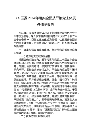 XX区委2024年落实全面从严治党主体责任情况报告