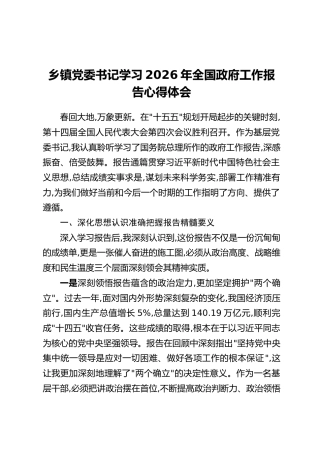 乡镇党委书记学习2026年全国政府工作报告心得体会