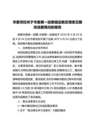 市委党校关于市委第一巡察组巡察反馈意见整改进展情况的报告