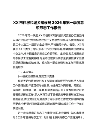 XX市住房和城乡建设局2026年第一季度意识形态工作报告