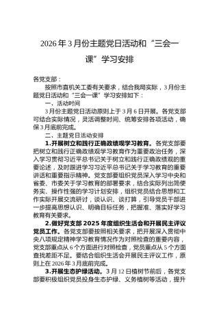 2026年3月份主题党日活动和“三会一课”学习安排