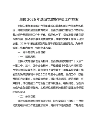 单位2026年选派党建指导员工作方案