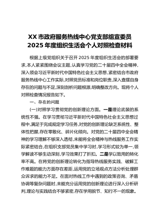XX市政府服务热线中心党支部组宣委员2025年度组织生活会个人对照检查材料
