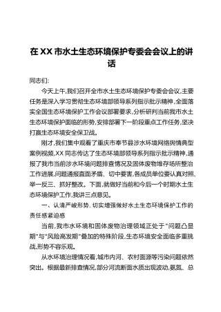 在XX市水土生态环境保护专委会会议上的讲话