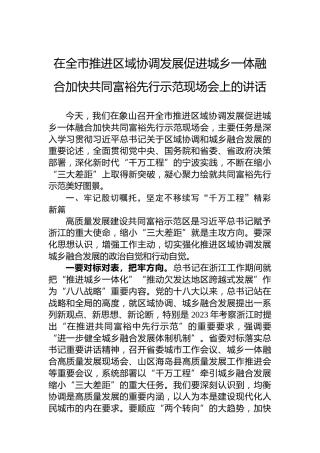 在全市推进区域协调发展促进城乡一体融合加快共同富裕先行示范现场会上的讲话