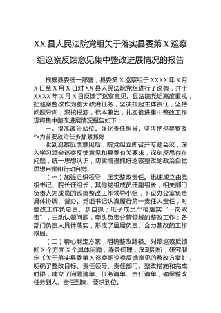 XX县人民法院党组关于落实县委第X巡察组巡察反馈意见集中整改进展情况的报告