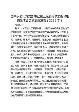 自来水公司党支部书记在上级领导参加指导组织生活会后的表态发言