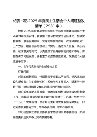 纪委书记2025年度民主生活会个人问题整改清单