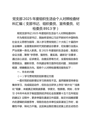 （4篇）党支部2025年度组织生活会个人对照检查材料汇编（支部书记、组织委员、宣传委员、纪检委员 8913字）