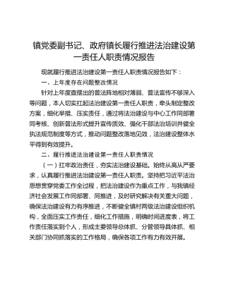 镇党委副书记、政府镇长履行推进法治建设第一责任人职责情况报告