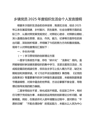 乡镇党员2025年度组织生活会个人发言提纲