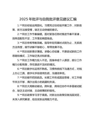 2025年批评与自我批评意见建议汇编