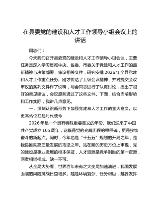 在县委党的建设和人才工作领导小组会议上的讲话