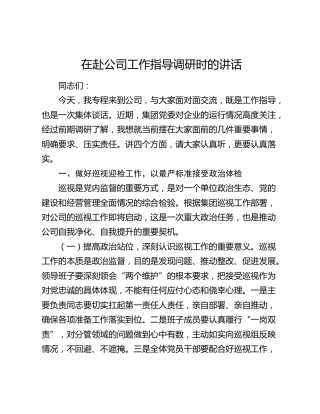 在赴公司工作指导调研时的讲话