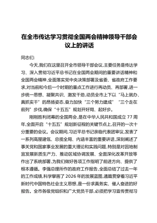 在全市传达学习贯彻全国两会精神领导干部会议上的讲话