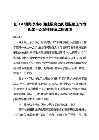 在XX镇高标准农田建设突出问题整治工作专班第一次全体会议上的讲话