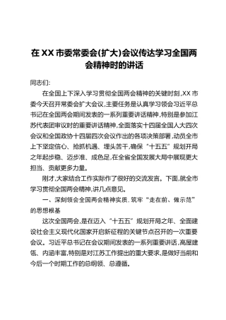 在XX市委常委会(扩大)会议传达学习全国两会精神时的讲话