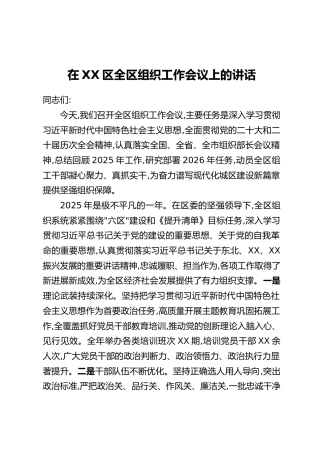 在XX区全区组织工作会议上的讲话