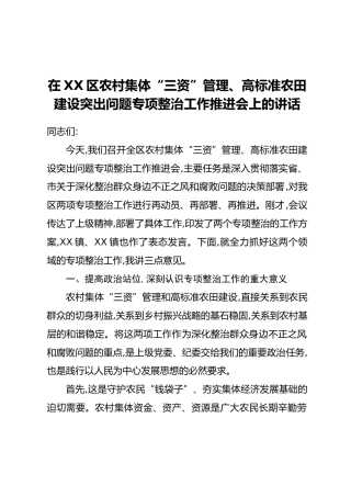 在XX区农村集体“三资”管理、高标准农田建设突出问题专项整治工作推进会上的讲话