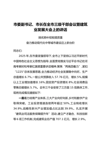 市委副书记、市长在全市三级干部会议暨建筑业发展大会上的讲话