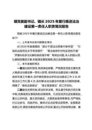 镇党委副书记、镇长2025年履行推进法治建设第一责任人职责情况报告