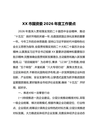 XX市国资委2026年度工作要点