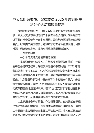 医院党支部组织委员、纪律委员2025年度组织生活会个人对照检查材料√