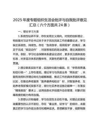 2025年度组织生活会批评与自我批评意见汇总（六个方面共24条）