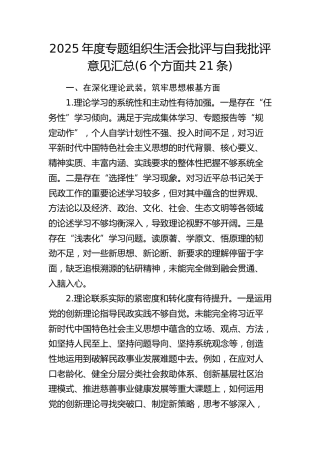 2025年度组织生活会批评与自我批评意见汇总(6个方面共21条)