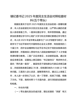 镇纪委书记2025年度民主生活会对照检查材料(五个带头)