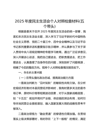 2025年民主生活会个人对照检查材料(五个带头)