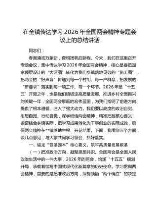 在全镇传达学习2026年全国两会精神专题会议上的总结讲话