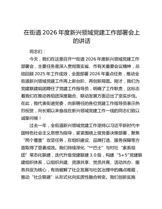 在街道2026年度新兴领域党建工作部署会上的讲话