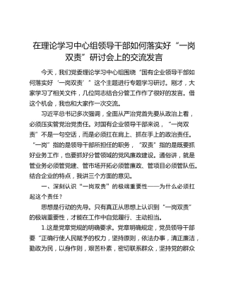 在理论学习中心组领导干部如何落实好“一岗双责”研讨会上的交流发言