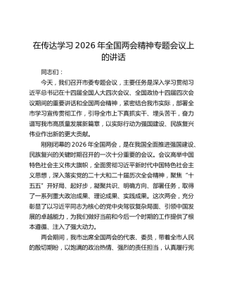 在传达学习2026年全国两会精神专题会议上的讲话