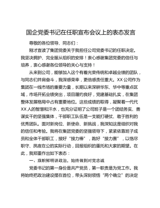 国企党委书记在任职宣布会议上的表态发言