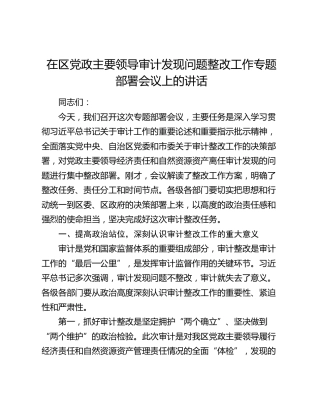 在区党政主要领导审计发现问题整改工作专题部署会议上的讲话