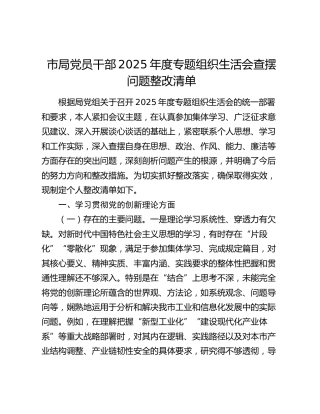 市局党员干部2025年度专题组织生活会查摆问题整改清单
