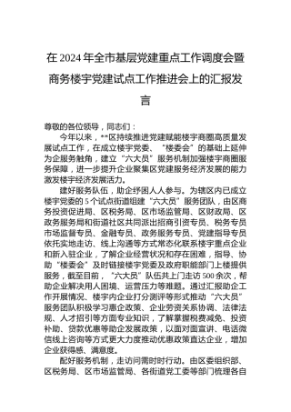 在2024年全市基层党建重点工作调度会暨商务楼宇党建试点工作推进会上的汇报发言