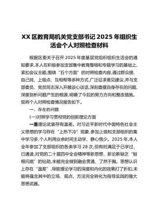 XX区教育局机关党支部书记2025年组织生活会个人对照检查材料