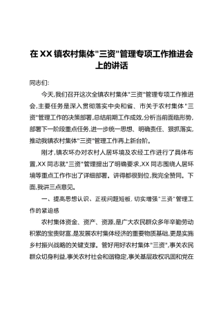 在XX镇农村集体“三资”管理专项工作推进会上的讲话