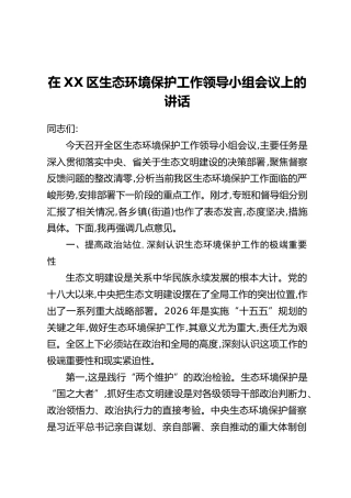 在XX区生态环境保护工作领导小组会议上的讲话