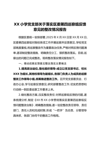 XX小学党支部关于落实区委第四巡察组反馈意见的整改情况报告