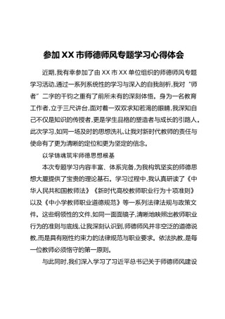 参加XX市师德师风专题学习心得体会