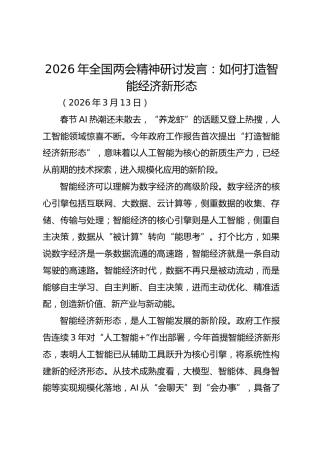 2026年全国两会精神研讨发言：如何打造智能经济新形态